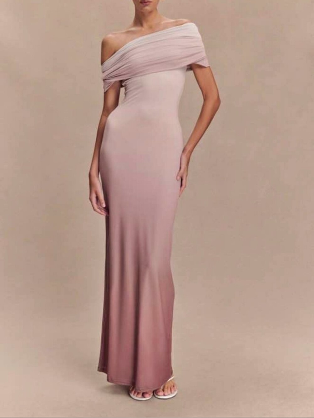Off-Shoulder Blush Pink Ombre Maxi Dress